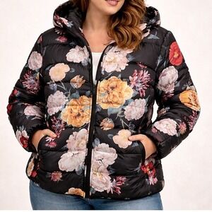 Coldesina Black Floral Satin Puffer Coat Plus Size 2X Full Zip Rose Peony Dahlia